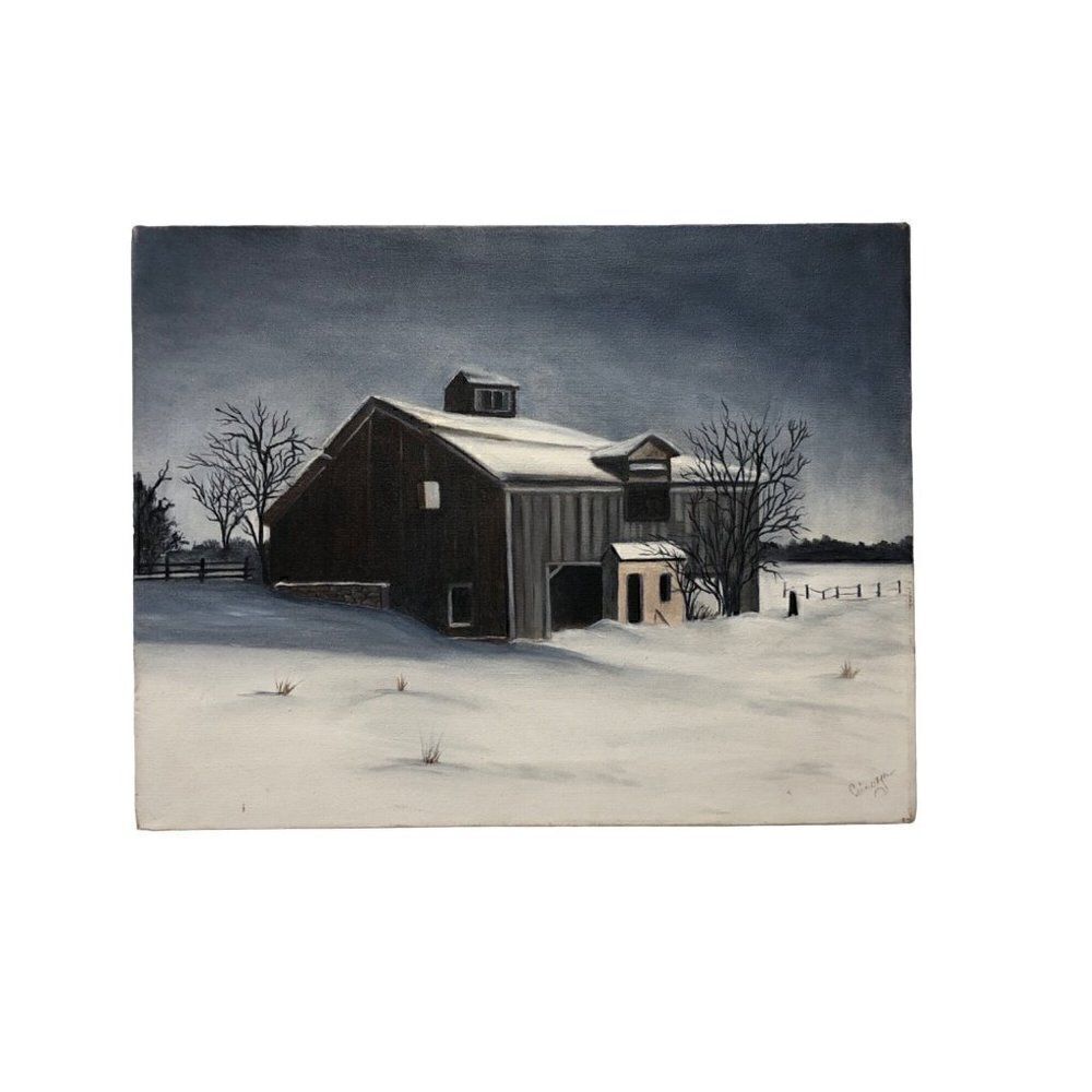 Vintage LAKE ORION Barn Winter Oil Painting by Ceinwyn Sutherland 18 x 14